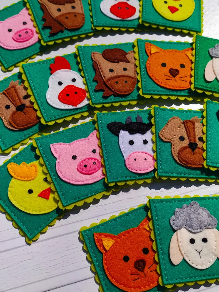 Felt memory game PDF Pattern, Farm animals Matching Cards, Educational toys for kids, Felt toy pattern, Travel Toys for toddlers