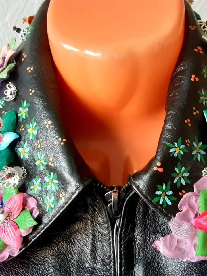 Ladie's Genuine Soft Lambskin Leather Jacket in Black. Handmade Embroidered Lacing Jacket with Pockets. New Casual Style Leather clothes.