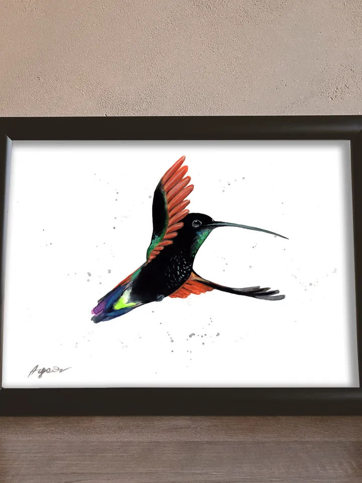 Hummingbird original watercolor painting , bird on the branch, colibri portrait room decor, 8x11 in wall art for bird lovers illustration by Anne Gorywine