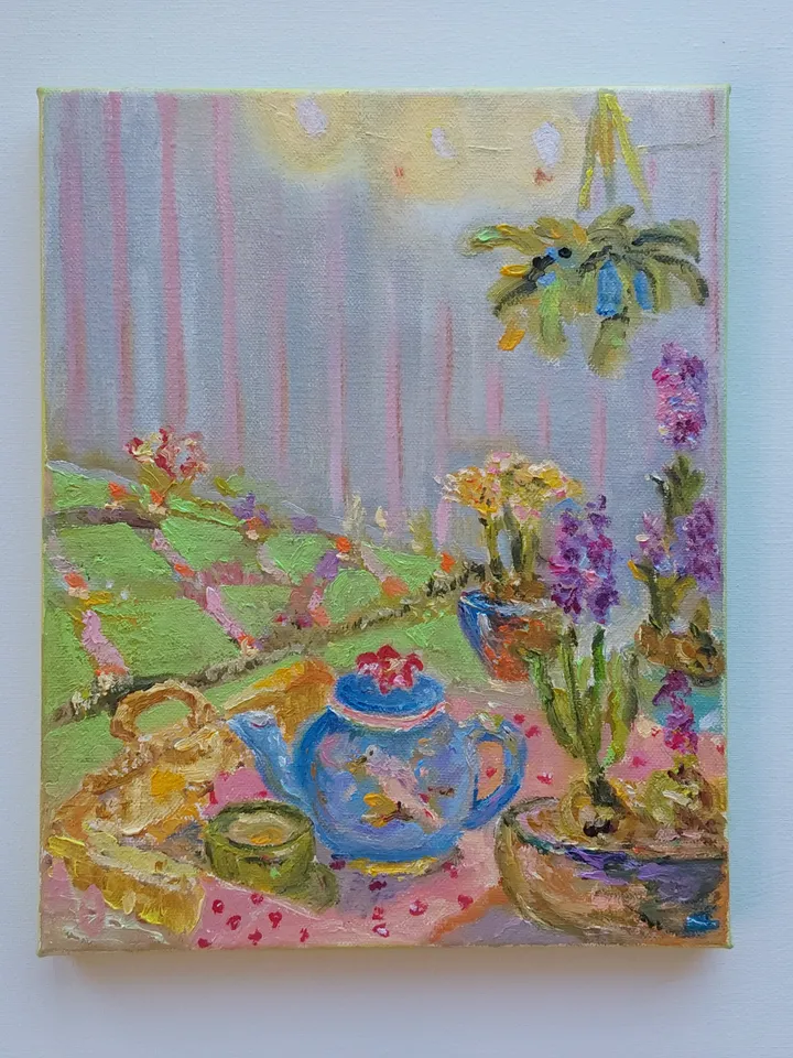Oil painting on canvas 24x30cm (9.6x12 inches) "Tea Party in the Garden"