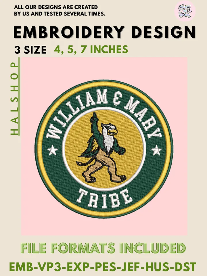 NCAA William & Mary Tribe College Logo Embroidery Design – Classic Team Pattern, 3 Sizes Machine Embroidery Files, Instant Digital Download