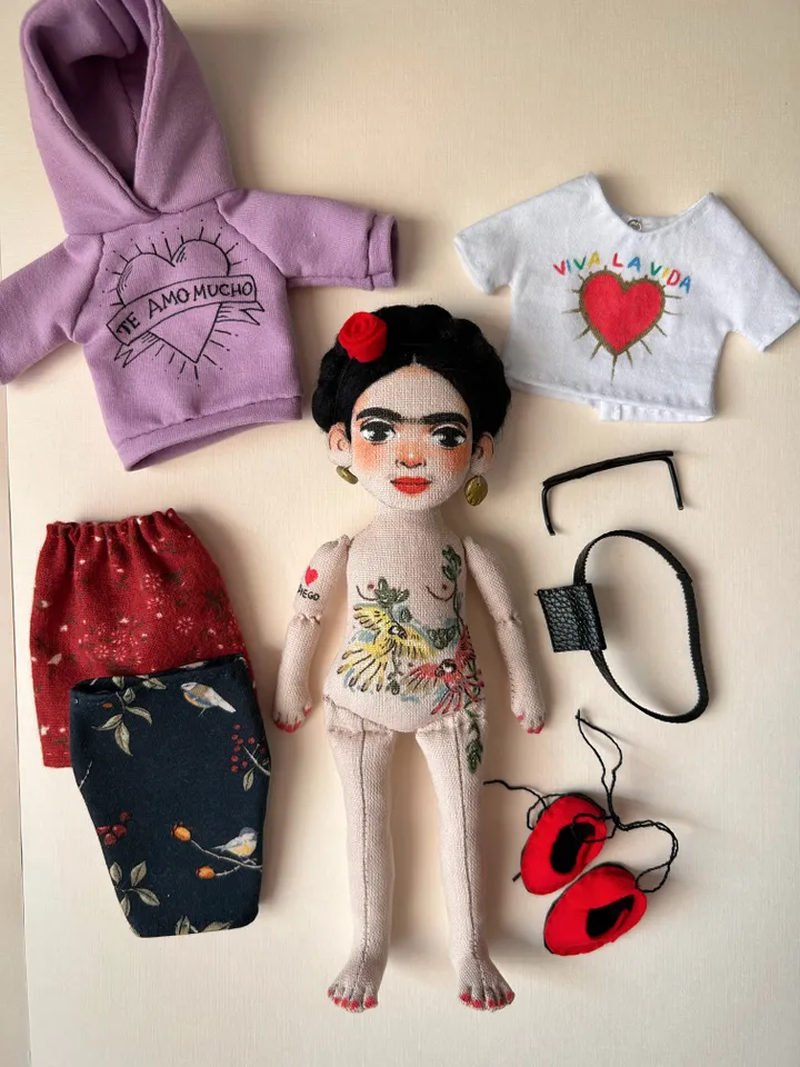Textile art doll inspired by Frida Kahlo