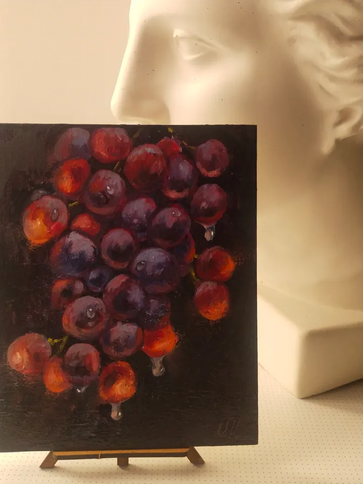 Original Grape oil painting, Lucent Fruit miniature art, Small fine art on panel