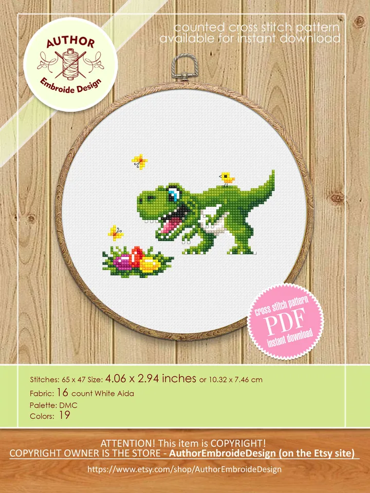 Funny dinosaur easter cross stitch pattern PDF download, Set of 2 small dinosaur cross stitch chart, Cute dino pattern digital PDF #T29