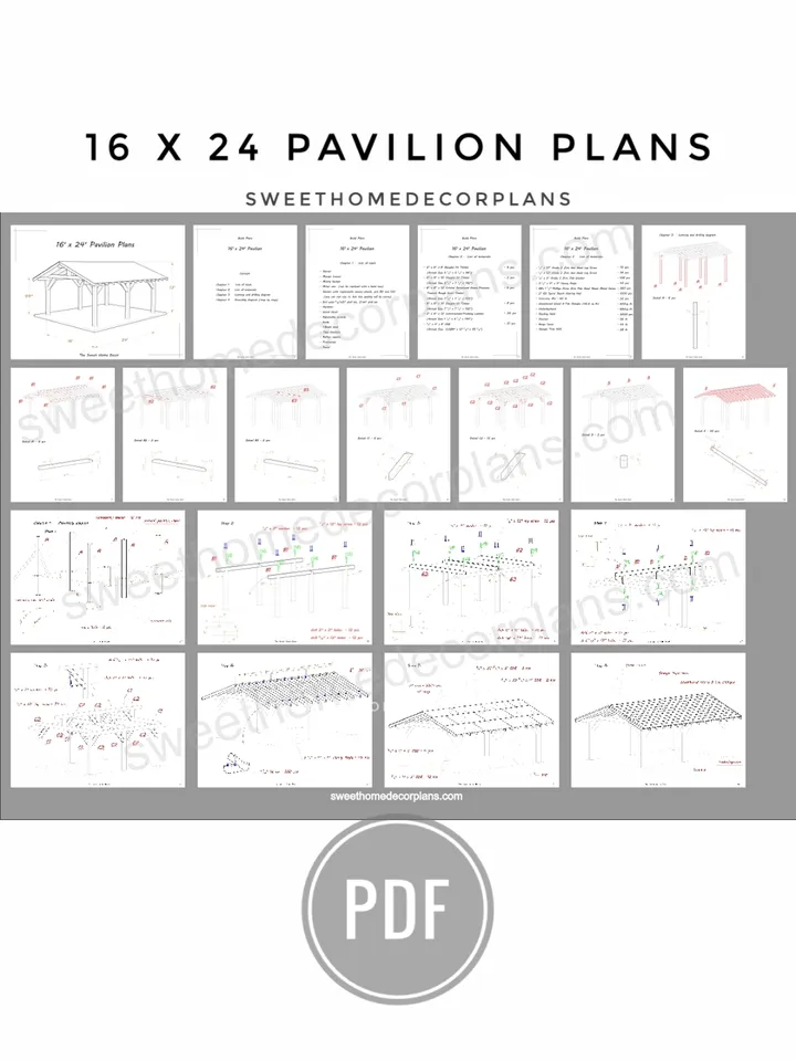 Diy 16 x 24 gable Pavilion Plans pdf. Carport pdf plans. Wooden outdoor covered gazebo plans. Garage plans. Backyard pergola plans for outdoor. Timber frame plans.