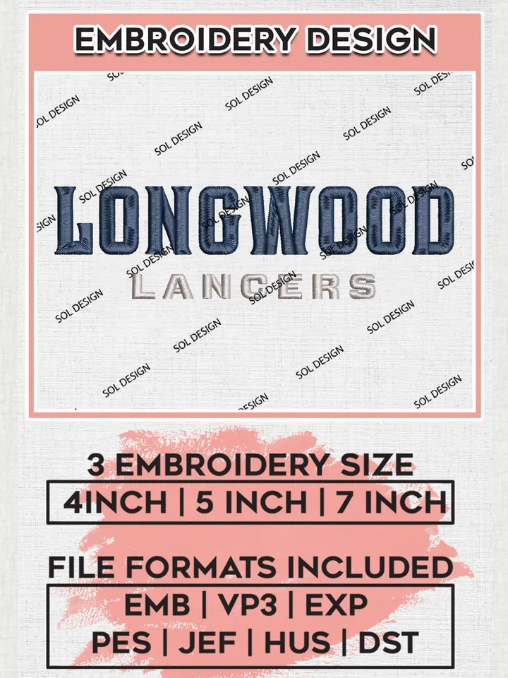 Longwood Lancers Team Writing Logo Embroidery Design Files, NCAA Longwood Lancers Machine Embroidery, NCAA Teams, 3 sizes, NCAA Machine embroidery designs, Digital Download