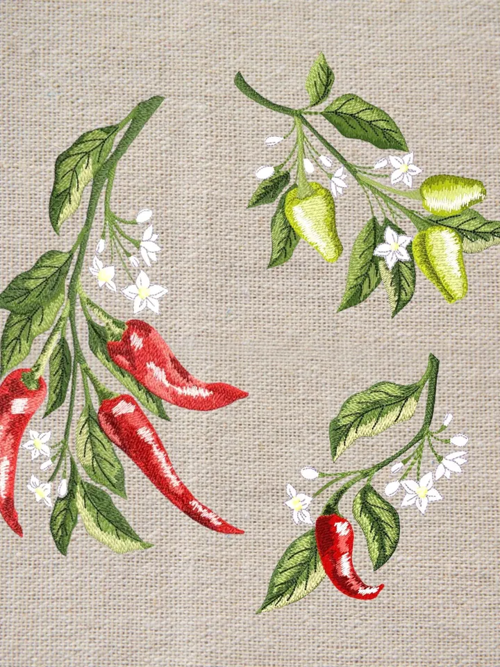 Hot pepper set machine embroidery design applique pattern digital embroidery pattern home and clothing décor embroidery motif floral design