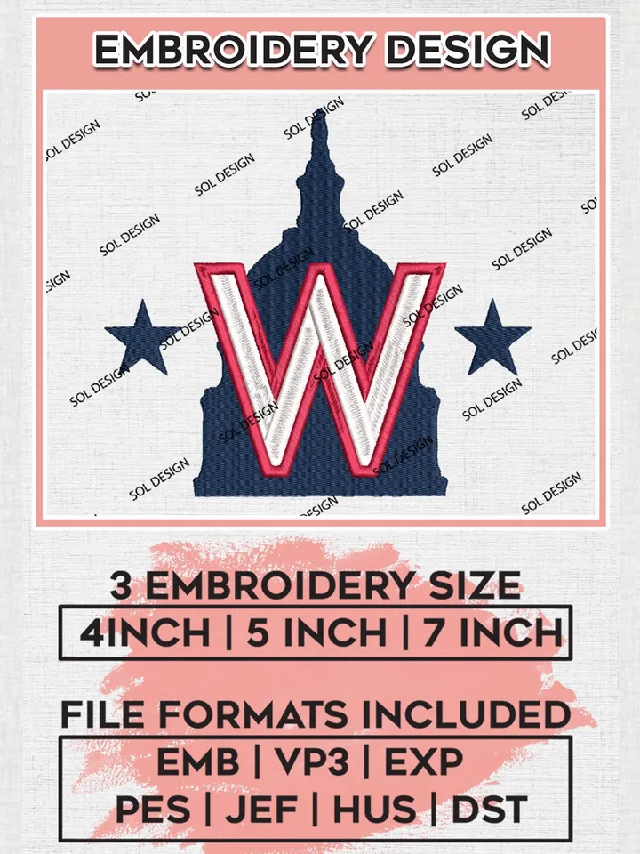 MLB Washington Nationals Machine Embroidery Design Files, MLB Washington Nationals Team Embroidery, MLB Teams, 3 sizes, MLB Machine embroidery designs, Digital Download