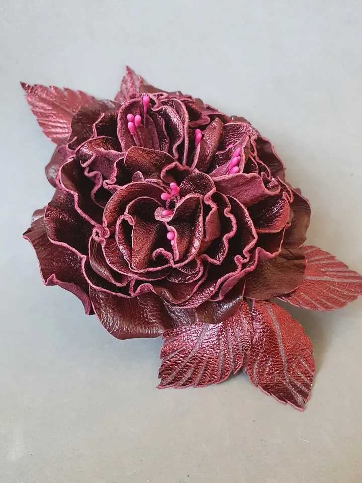 Bordo color rose leather brooch for her , 3rd anniversary gift for wife, Leather women's jewelry