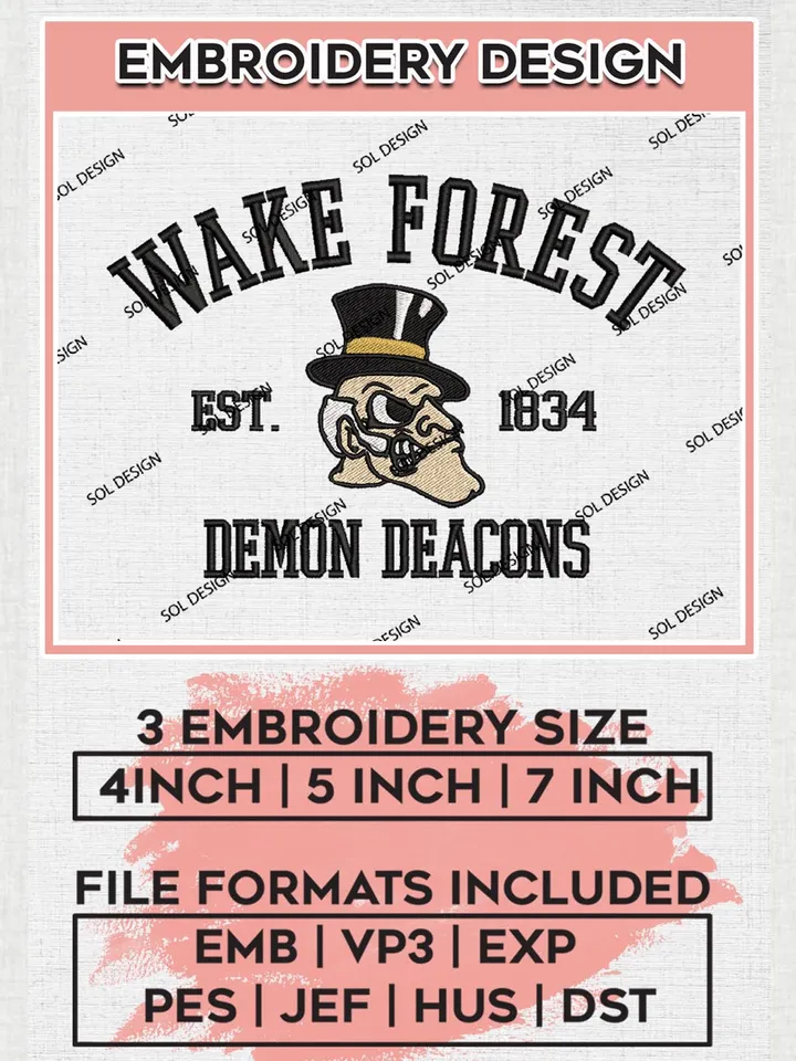 Wake Forest Demon Deacons Est 1834 Embroidery Designs, NCAA Wake Forest Demon Deacons Team Embroidery, NCAA Team Logo, 3 sizes, Machine embroidery Files, Digital Download