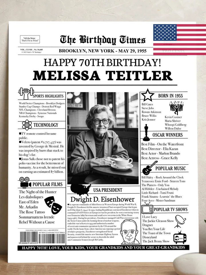 70th birthday PERSONALIZED Poster, 70th birthday Newspaper, 70th birthday decoration, 70th birthday gift for women or men, DIGITAL FILE