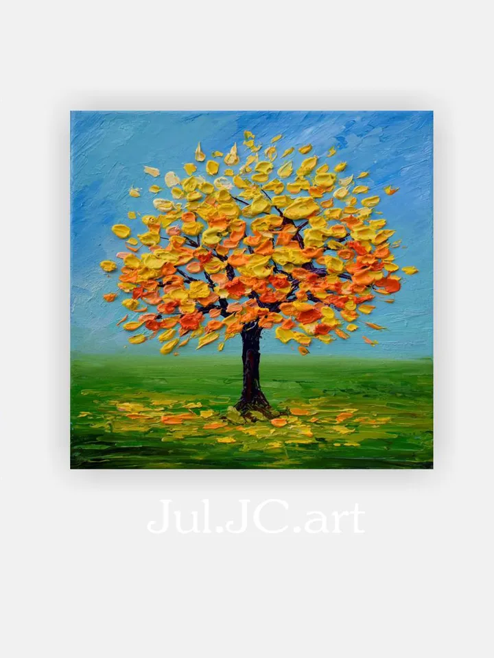 Fall Tree painting Landscape Original art Yellow tree oil painting 6 by 6 inch Small Art by Juliya JC
