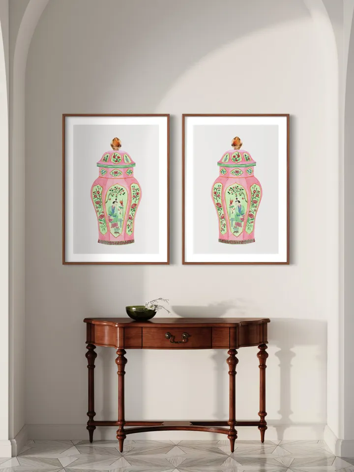 Pink Chinoiserie Ginger Jar Vase Set Of 2 Vintage Living room Wall Art Pagoda Porcelain Vases Apartment Art Print Living Room Wall Art Print