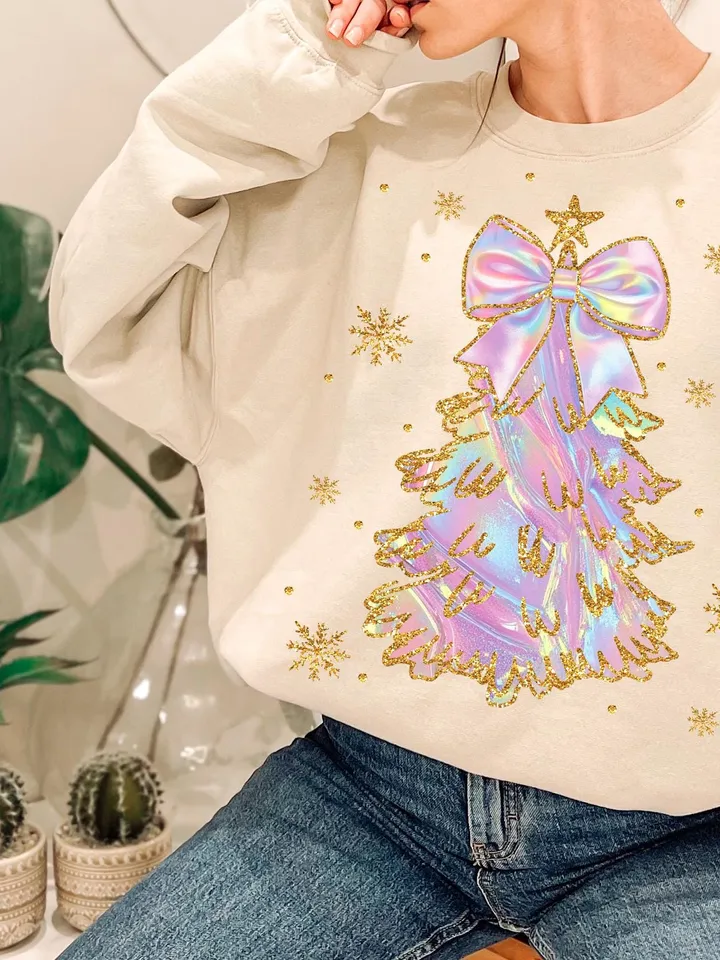 Iridescent Christmas Tree PNG, Coquette Christmas Png, Iridescent Christmas Png, Girly Christmas Png, Colorful Glitter Christmas Tree Png