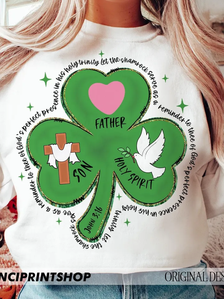 Shamrock Holy Trinity - St. Patrick's Day Bible Verse Cards, Father, Son & Holy Spirit 3 Leaf Clover, Christian St. Patrick's PNG, Regilious