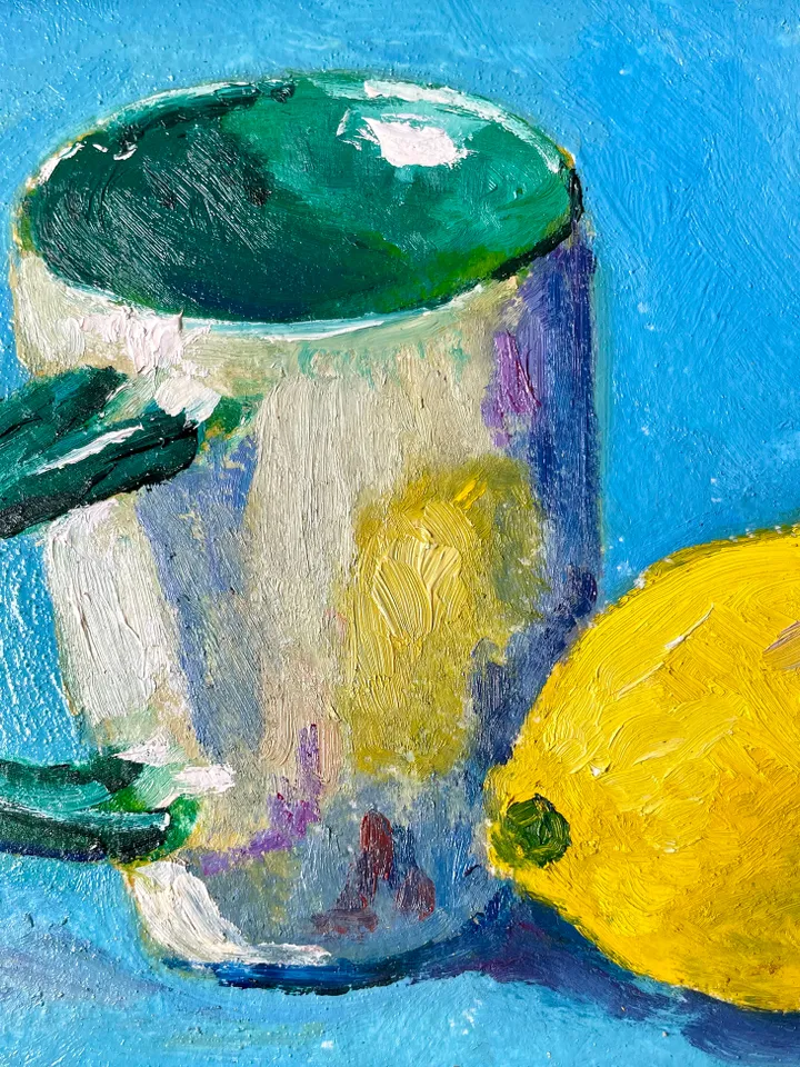 Lemon painting oil, original lemon and cup still life painting, fruit wall art, framed citrus painting, kitchen wall decor