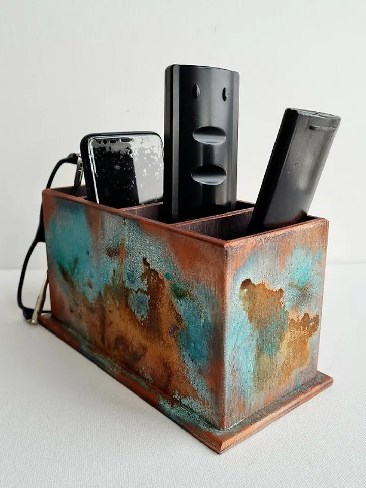 Wood remote control holder Art oxidized aged rustic old copper color remote box