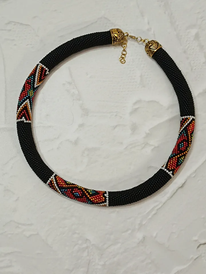 Black Ethnic Necklace for Women, Stylish Elegant Beaded Bib Necklace Handmade