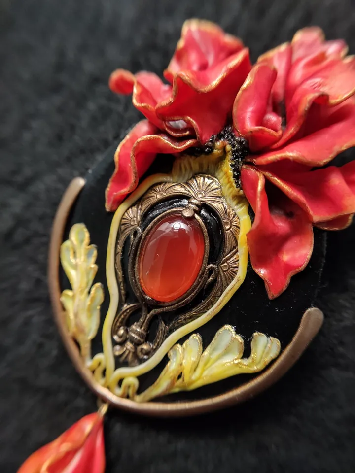 Peony Flower Pin, Art Nouveau Cameo