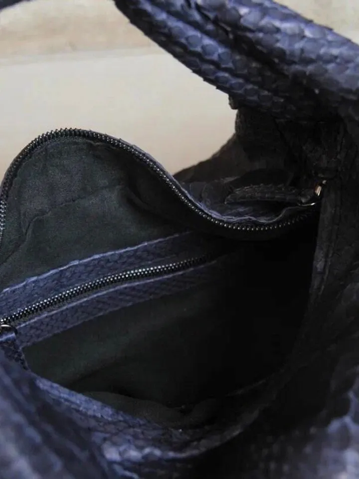 Medium Soft Hobo Classy Sport Woman Stitched Bag | Purse Genuine Python Skin | Dewi blue Big Elegant Leather Designer Soft Bag Snake |