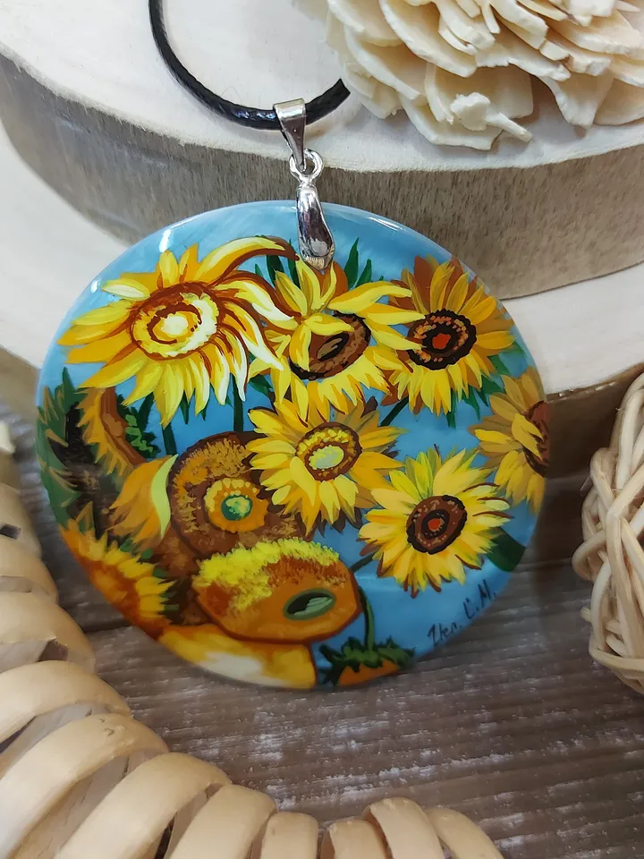 Sunflowers. In the style of Van Gogh. Mother-of-pearl. The Van Gogh pendant. Hand-painted necklace pendant. Hand painted miniature painting.