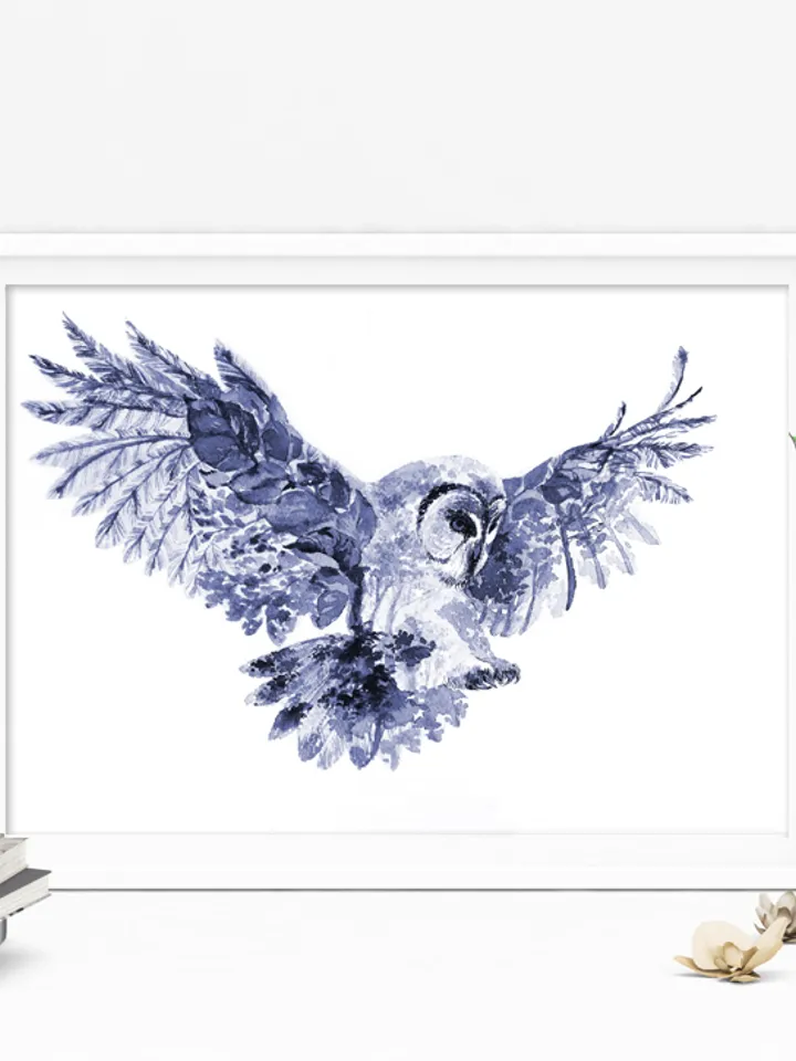 Owl Art Print, Printable Download, Blue Watercolor Print, Wild Animal, Wall Decor, Prints Wall Art, Forest Nature Eco