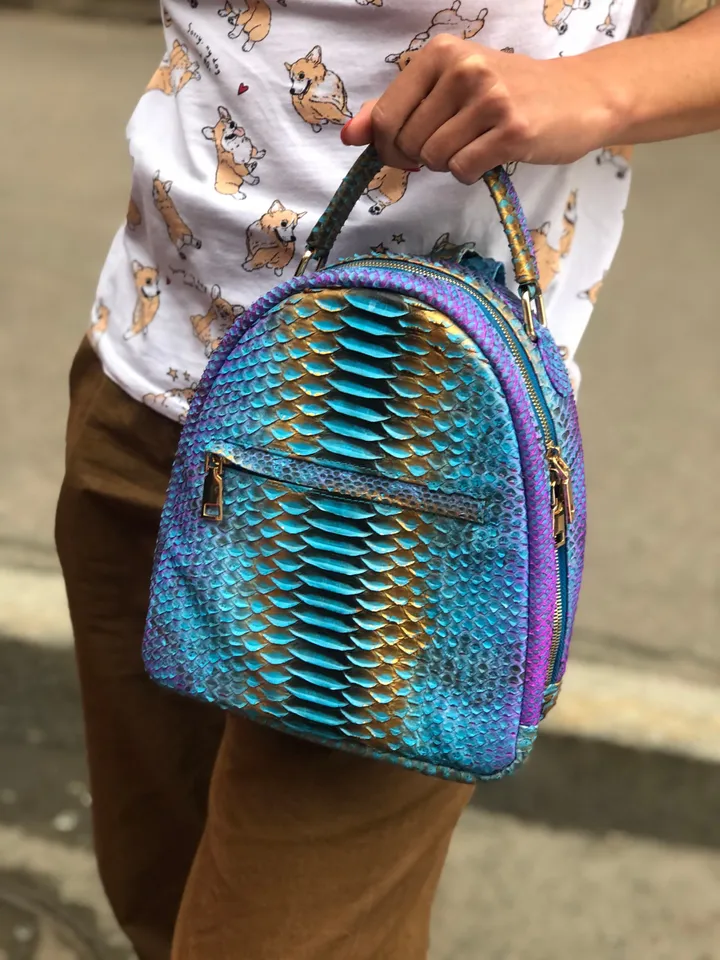 Genuine Python Skin Blue Shiny Backpack | Exotic Leather Bags | Women Sport Chic Leather BackPack | Backpack For Girls | Handmade Backpacks