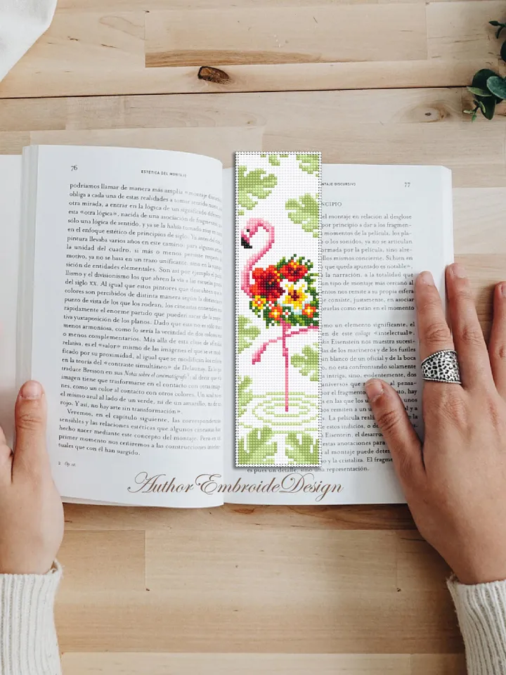 Flamingo bookmark cross stitch pattern PDF download Floral flamingo cross stitch chart, Flower bookmark pattern digital, Monstera leaf #B440