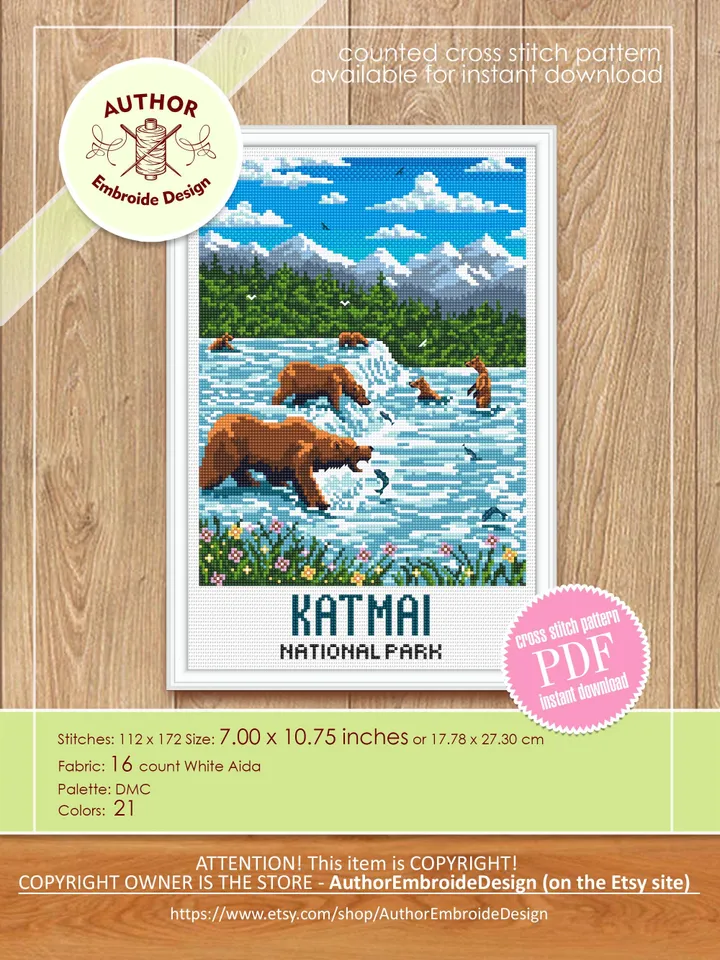 Katmai national park cross stitch pattern PDF download Travel poster cross stitch Bears catch fish Brooks falls in Alaska Bear fishing #L101