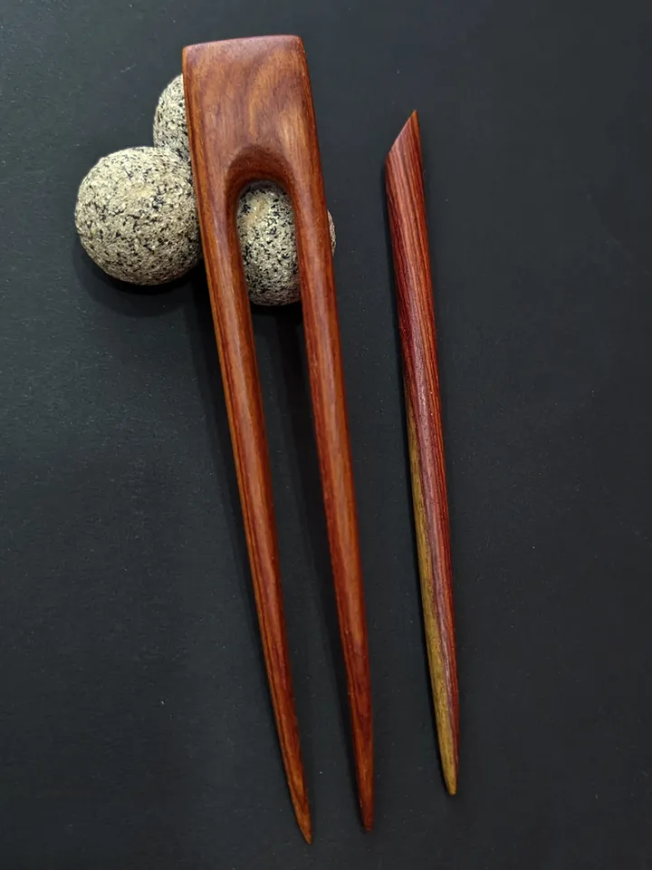 Classic set of wooden hairpin and hair stick made of valuable pao rose wood. Handmade carved hairpins.