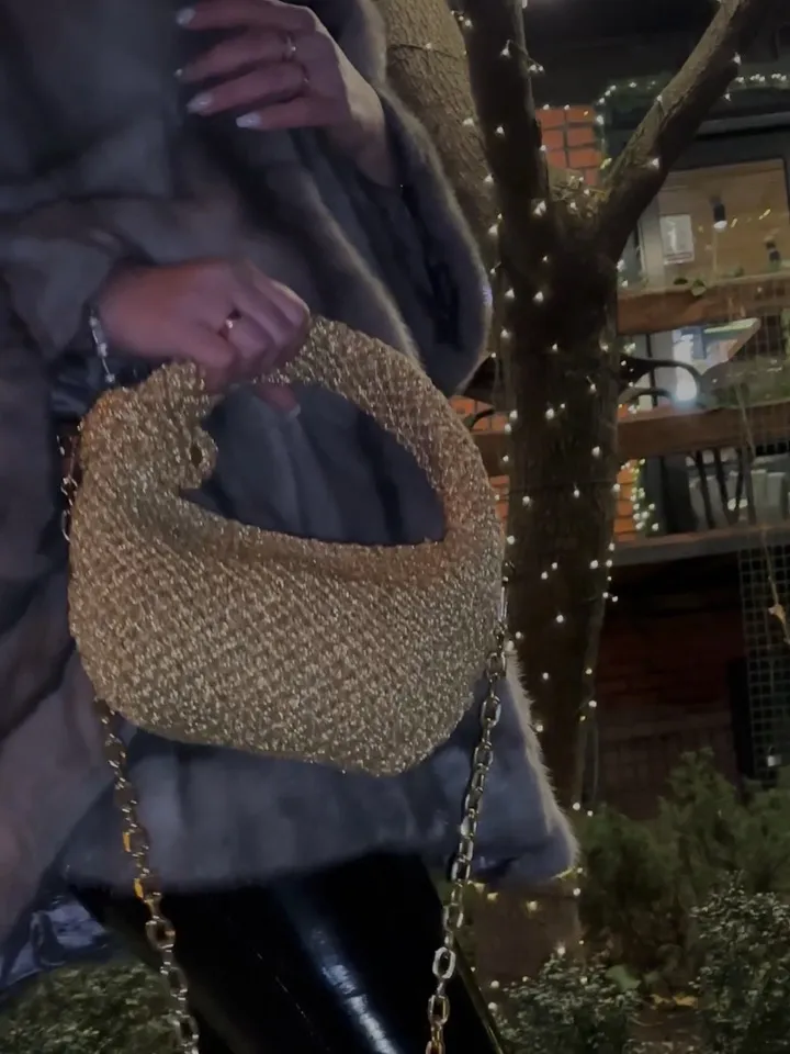 Luxury gold small women one piece handbag, crossbody hobo, top handle, small purse, crochet clutch, shoulder bag, event wear