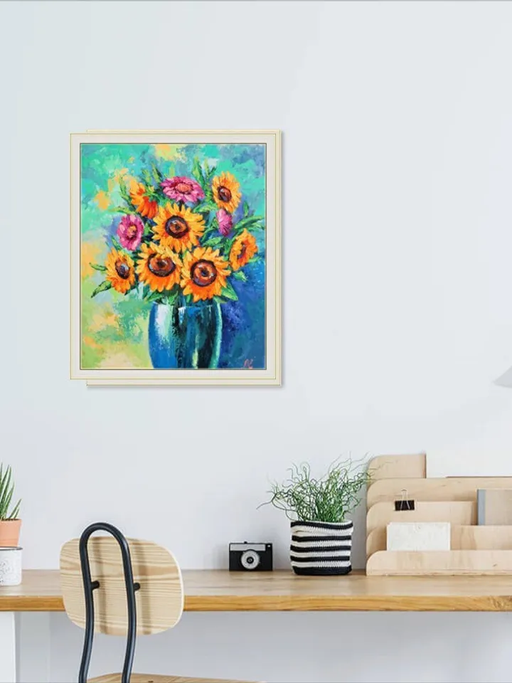 Oil Painting of Sunflower Bouquet Vibrant Floral Wall Art for Home Decor by Elena