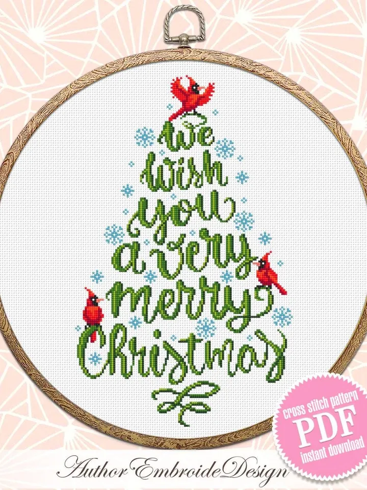 Christmas tree cross stitch pattern PDF download Mini cardinal cross stitch chart, Merry Christmas pattern digital PDF, DIY Home decor #N175