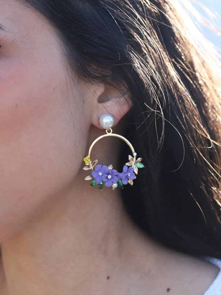Purple Boho Wedding Earrings | Porcelain Flowers Hoop Bridal Earrings | Gold Boho Wedding Jewelry | Floral Bridal Earrings | Accessories