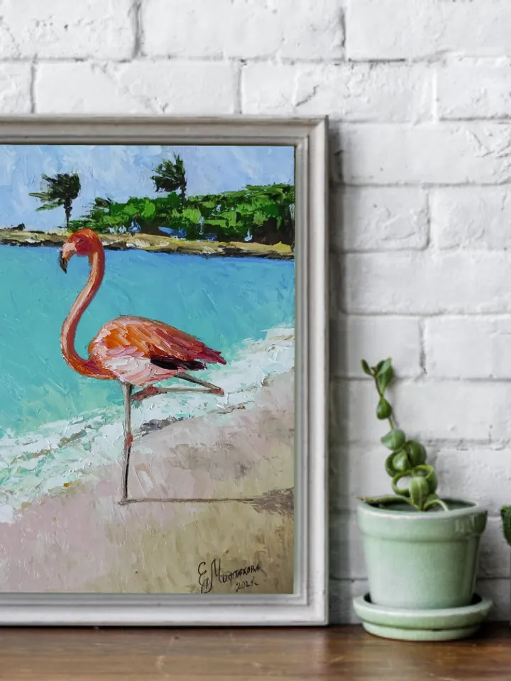 Flamingo Painting Original Art Flamingo on the Beach Painting Seascape painting Pink Birds Oil Painting Impasto 8 by 12 by MilenaART