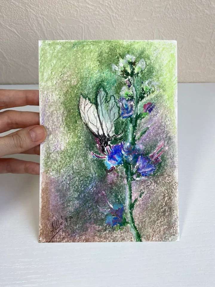 Butterfly painting Oil pastel painting Flower landscape art