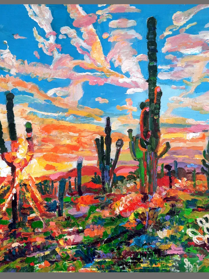 Sonoran Desert Original Oil Painting Impasto Oil on Canvas
