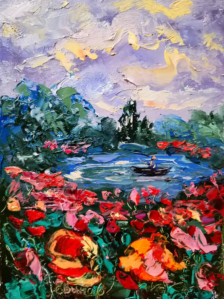 Bright Poppies Lake Boat Sunset Impasto Oil Painting Flowers Original Artist Svinar Oksana