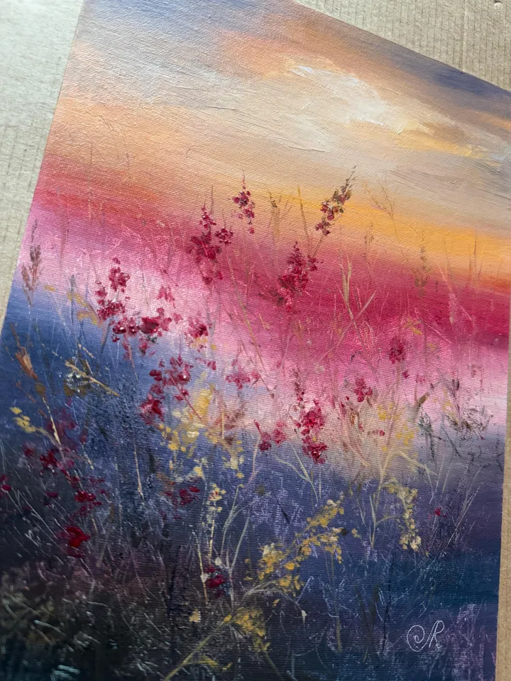 Sunset Oil Painting Meadow Wall Art Field Original Painting