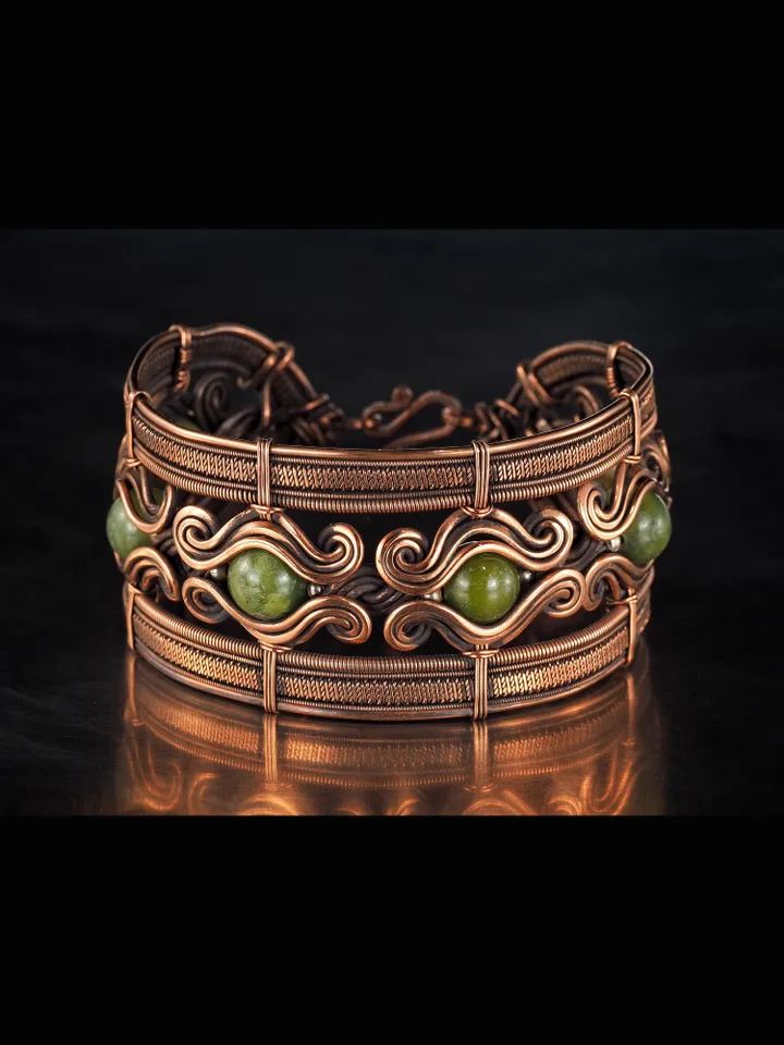 Copper wire wrapped jade bracelet 7th Anniversary gift