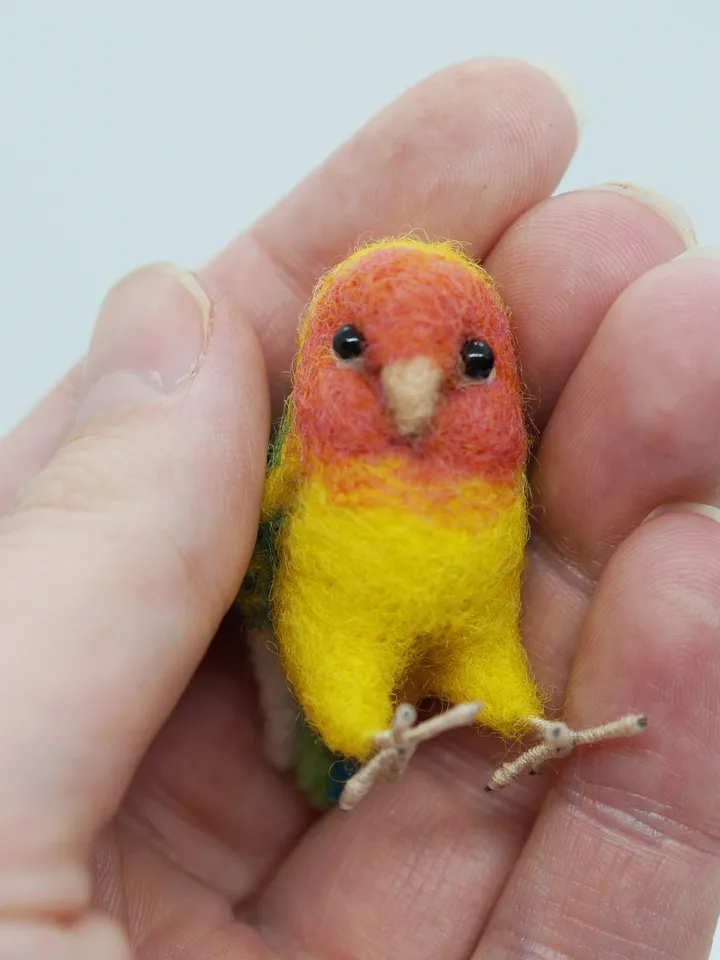 Miniature needle felted lovebird, tiny parakeet, pet portrait, peach faced lovebird, made to order