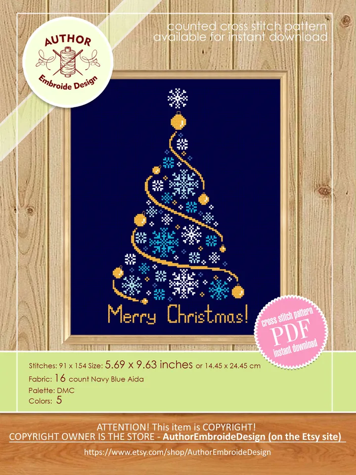 Christmas Tree cross stitch pattern download PDF Snowflake ornament cross stitch chart, Merry Christmas pattern digital PDF, Holiday #N128