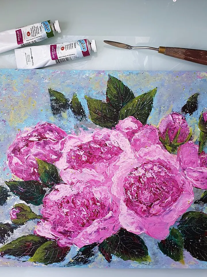 Rose Painting Bouquet Original Art Floral Wall Art Pink Flower Acrylic Painting