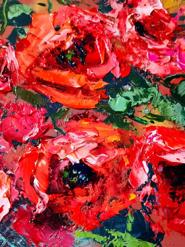 Poppy Oil Painting Flowers Impasto Glass Vase Candy Original Artist Svinar Oksana