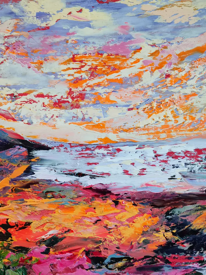 Boat Mountain Trees Flowers Sunset Original Art Oil Painting Artist Svinar Oksana