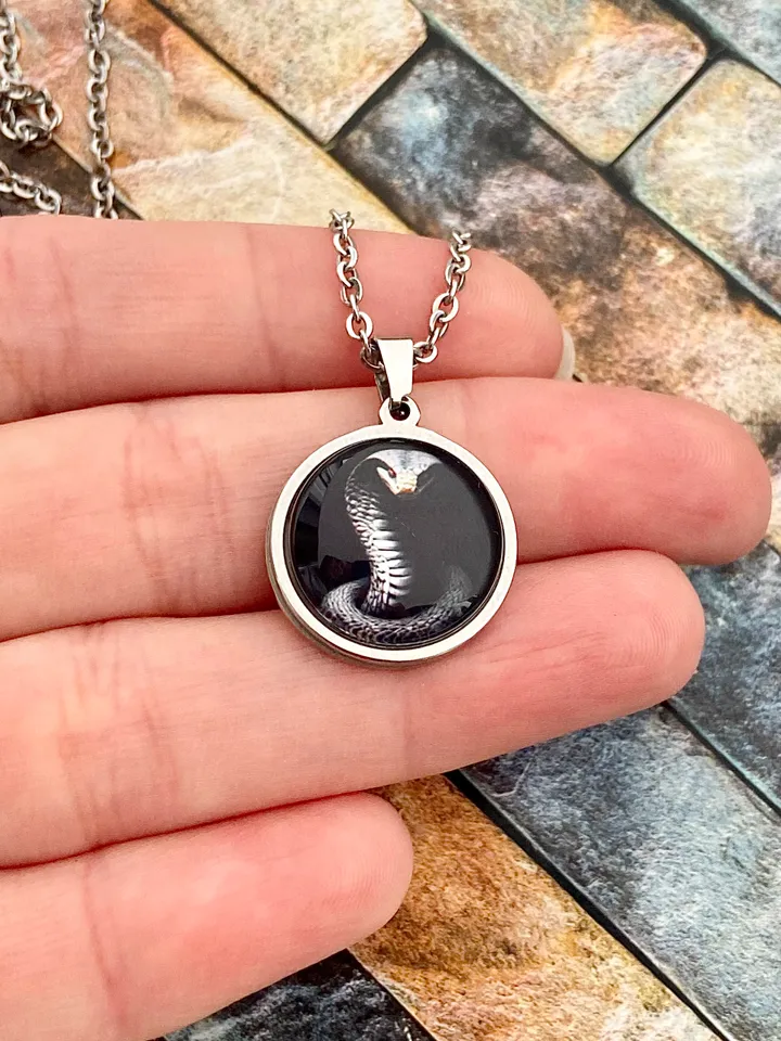 Cobra snake necklace, steel pendant with glass, Reptile lover gift
