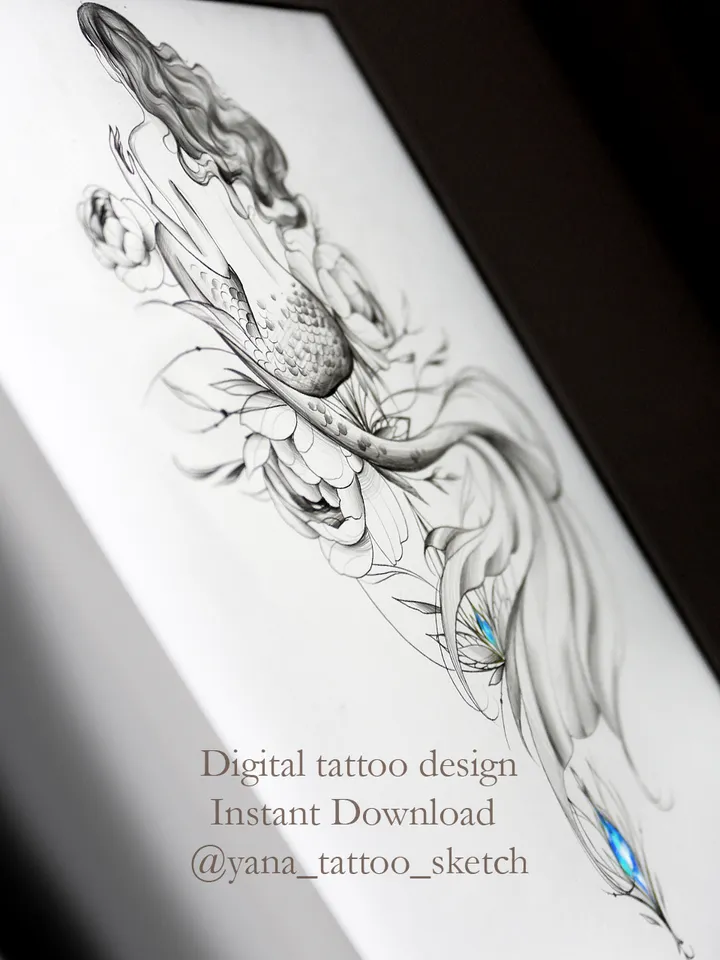 Mermaid Tattoo Design Mermaid Tattoo Stencil Idea Sketch, Instant download PDF, JPG