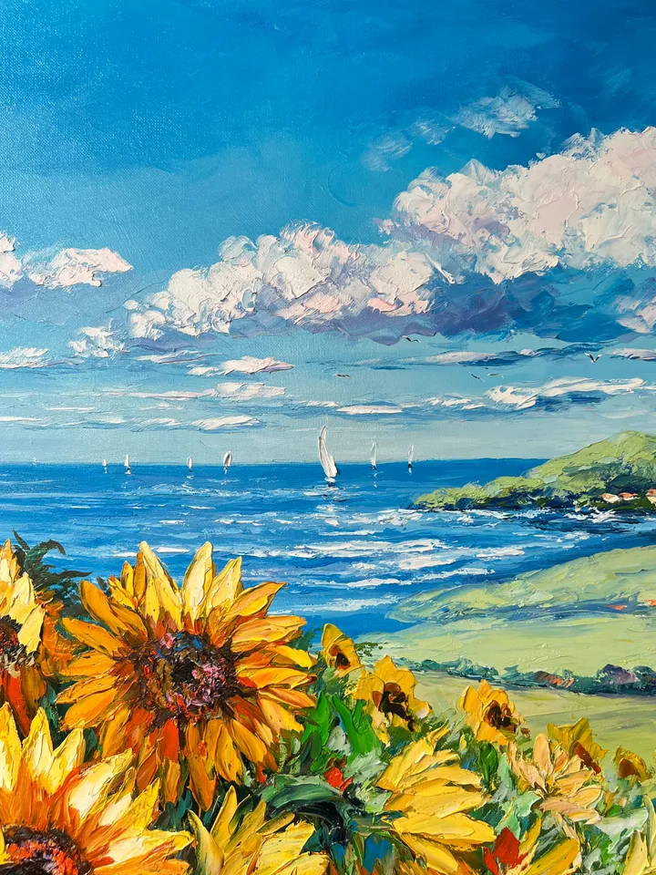 Original oil painting on canvas large artwork sunflowers fields and sea beautiful landscape realistic impasto art