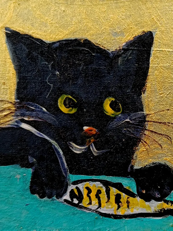 Mini painting a black cat and sardine painting framed 4x4 in Original Handmade painting Gift by ArtProkopaloSv