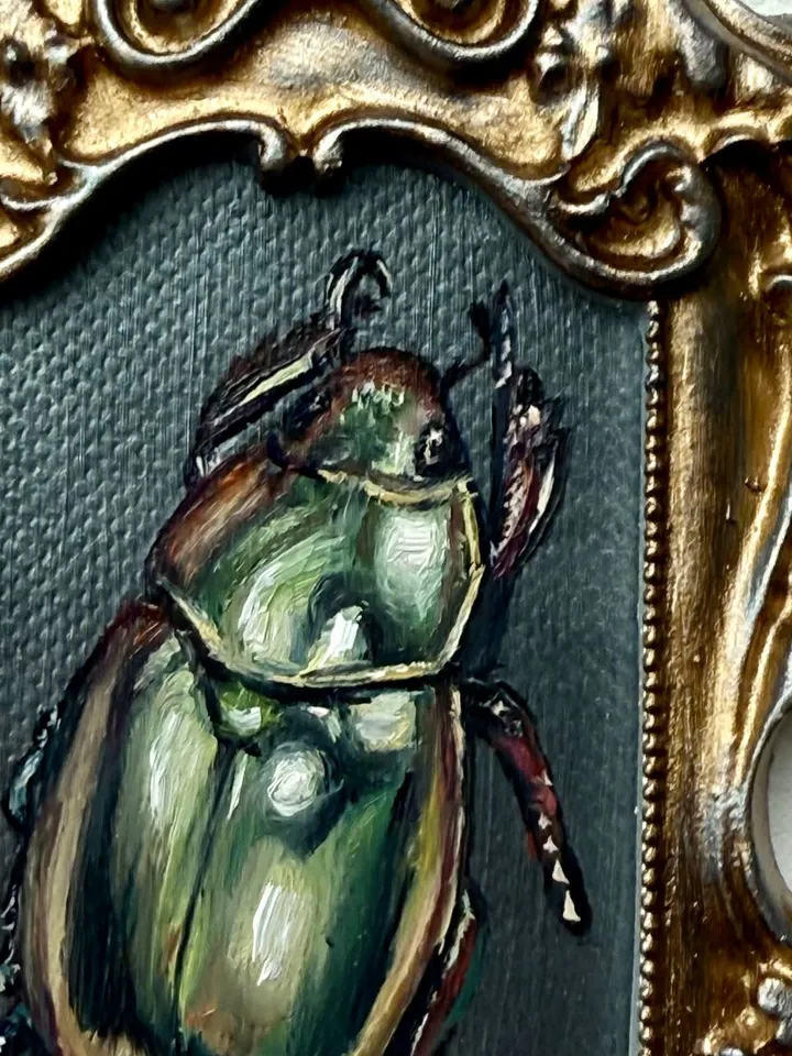Framed Insect Oil Painting Original Entomology Art Beetle Painting Gold Frame Dark Academia